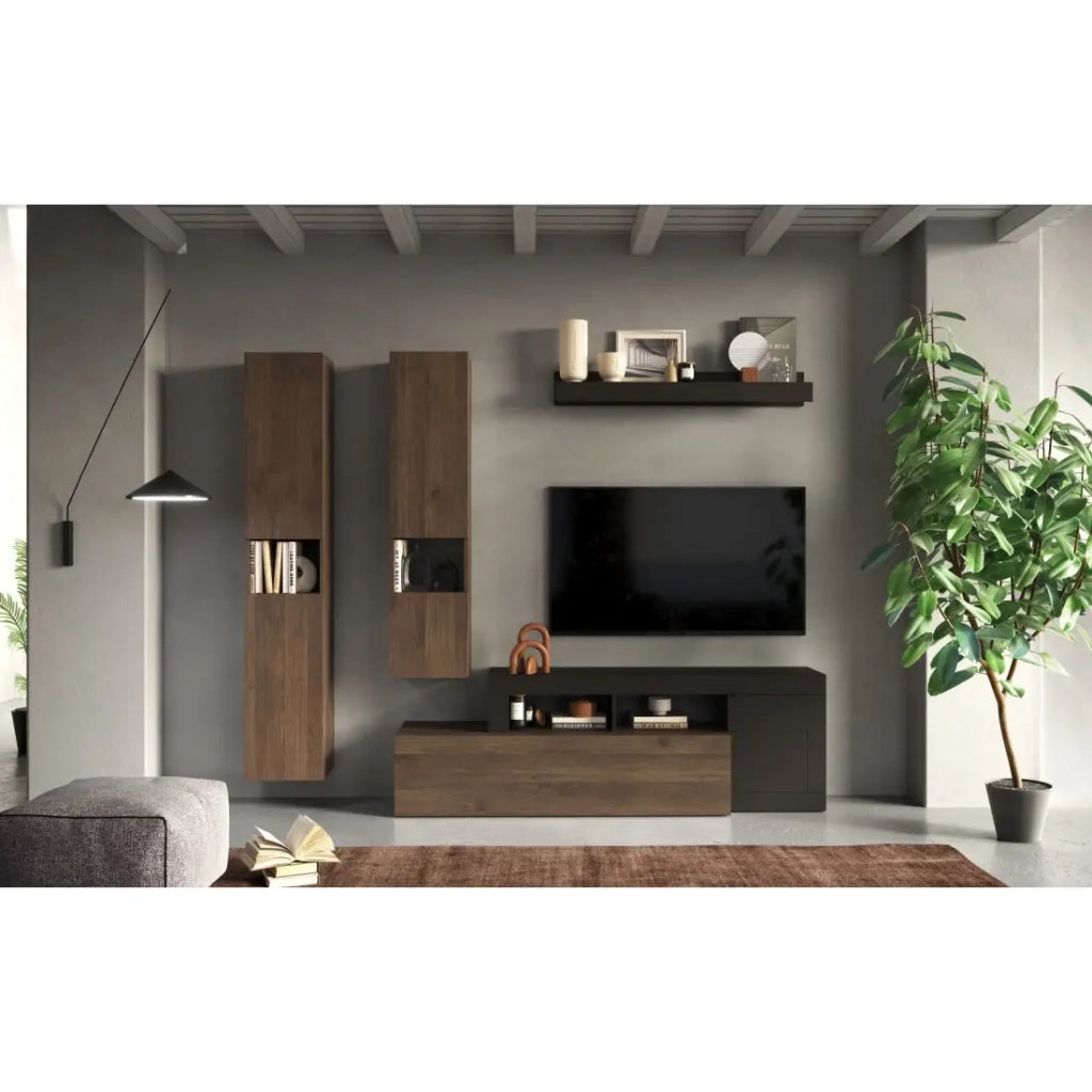 Set di mobili da soggiorno collezione FREDO con cassetto e 3 porte. Colori nero e rovere scuro.