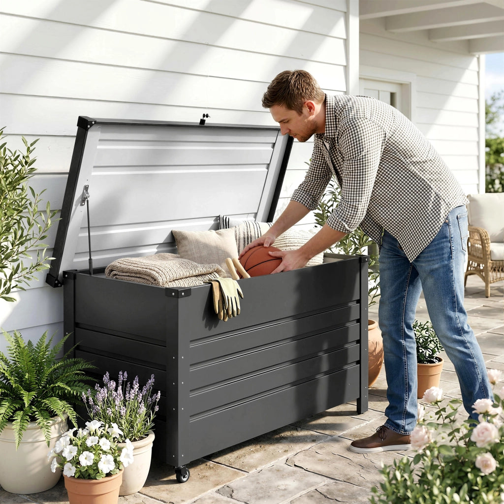 Cassa 350L, Box Metallo con Coperchio Bloccabile, Ruote, Maniglie Laterali, Grigio