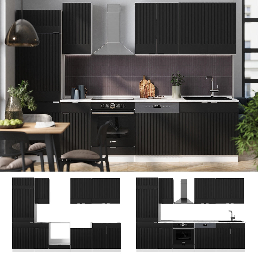 Cucina componibile Fame-Line Nero rigato/Bianco 300 cm, PL Rovere Vicco