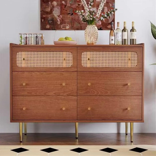 Cassettiera 6 cassetti noce con rattan e gambe in metallo