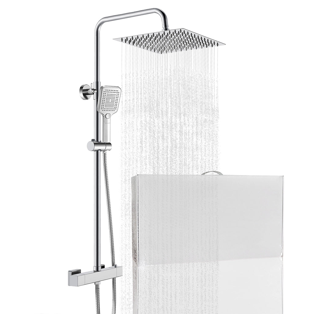 Colonna doccia rotonda completo di miscelatore termostatico rettangolo, soffione quadrato 30x30cm, cromo