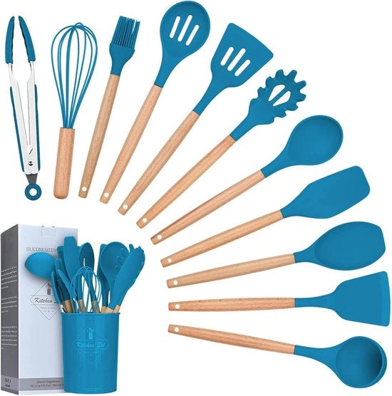 Set di accessori da cucina in silicone, 12 pezzi manici di legno naturale utensili da cucina BPA liberi non tossici manico a impasta spatola cucchiaio set di accessori da cucina (Blu)