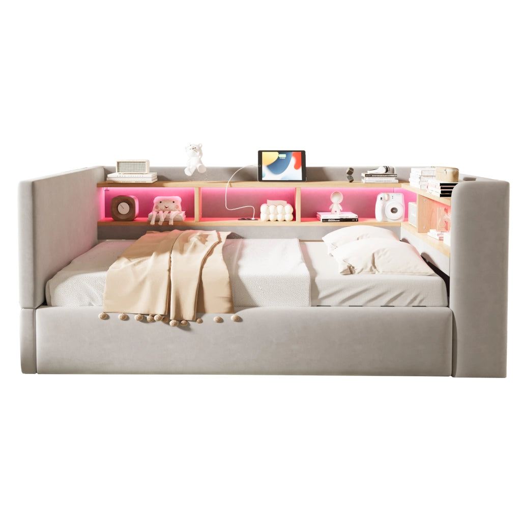 Divano letto con contenitore idraulico, LED e prese, 90x190 cm, grigio chiaro