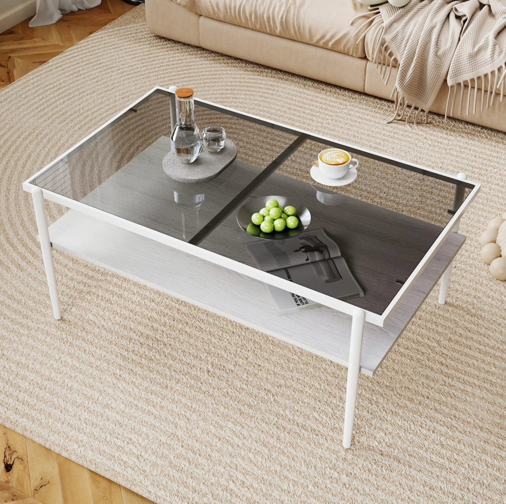 Tavolino da salotto con piano in vetro temperato e vano portaoggetti in MDF grigio e bianco