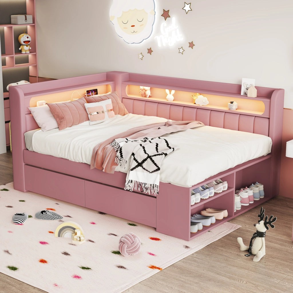 Letto singolo imbottito 90x200 cm rosa con LED e USB