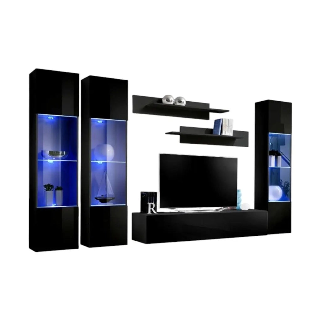 Mobile TV FLY C3 design, colore nero lucido. Mobile sospeso moderno e alla moda per il tuo soggiorno.