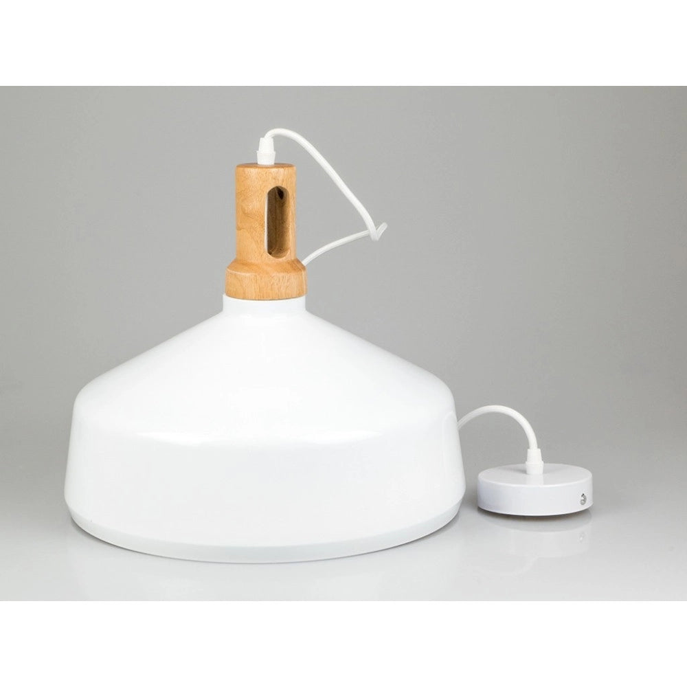 Trade Shop - Lampadario Pendente Lampada A Sospensione Parabola Bianca Base In Legno Vt-7545 -