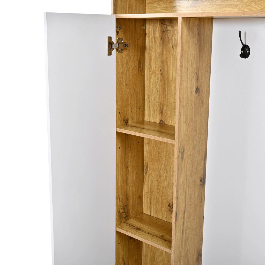 Mobile ingresso con specchio e scarpiera 127x35x180,5 cm in MDF bianco e naturale HAVRYA