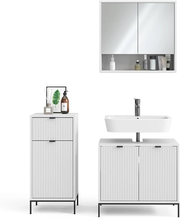 Set di mobili da bagno Eliza, Bianco, 70 cm, composto da mobile sottolavabo, specchiera e mobile medio