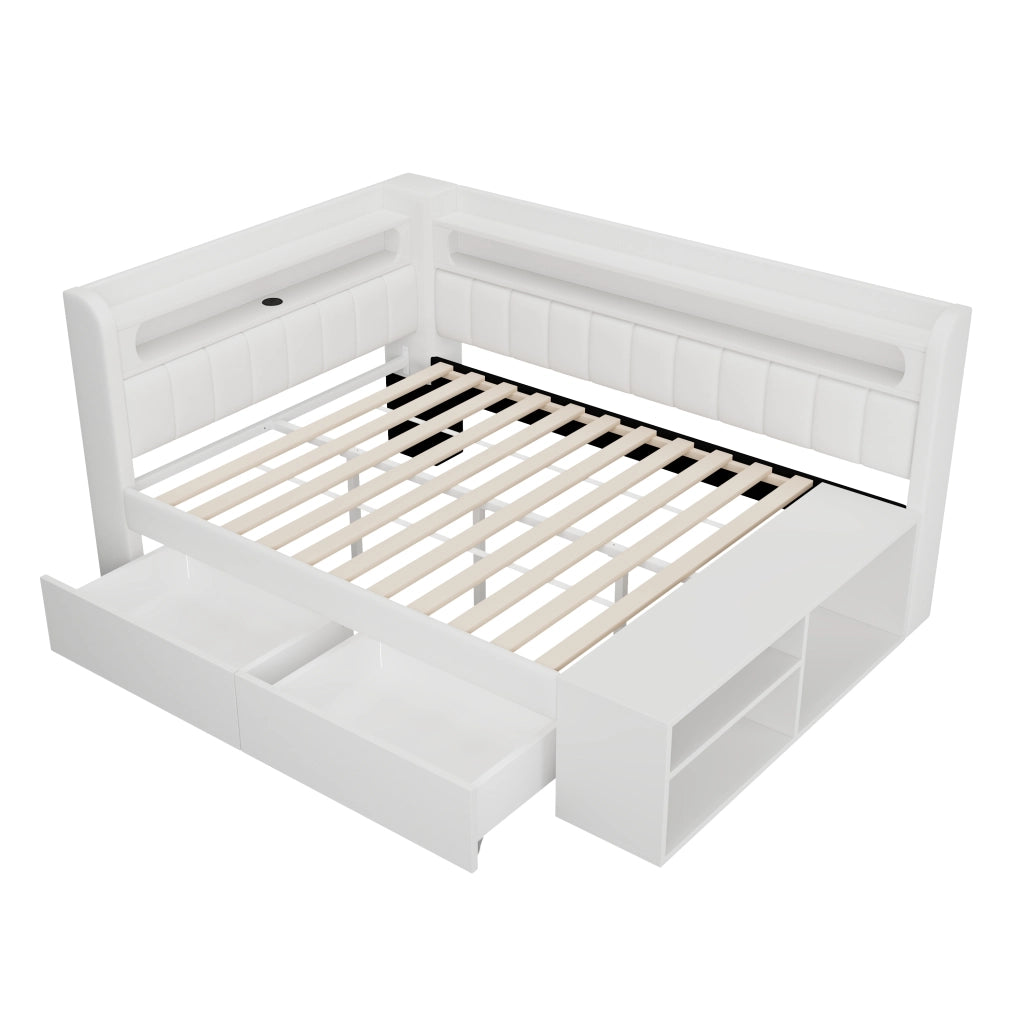 Divano letto imbottito con USB, LED, scarpiera e cassetti, 90x200 cm, bianco