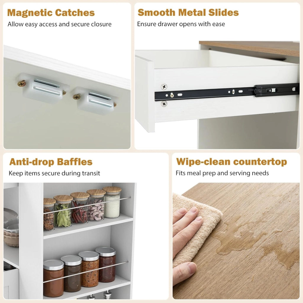 Carrello da Cucina Mobile su Ruote, Isola da Cucina con Piano di Lavoro, Struttura in Legno, Cassetto e 3 Ripiani