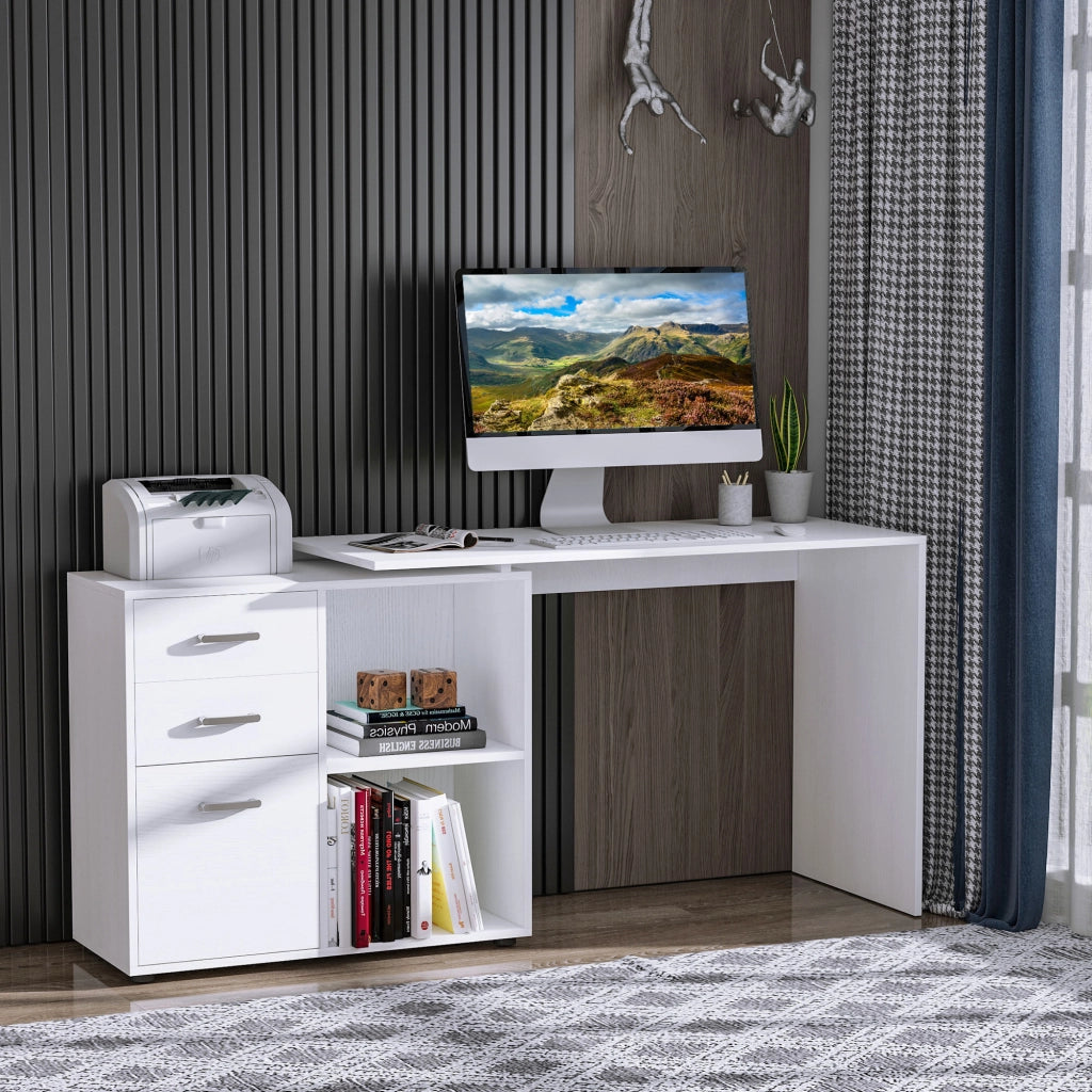 Scrivania angolare e dritta modulabile per computer, in MDF bianco con 3 cassetti e 2 vani, salvaspazio per casa e ufficio