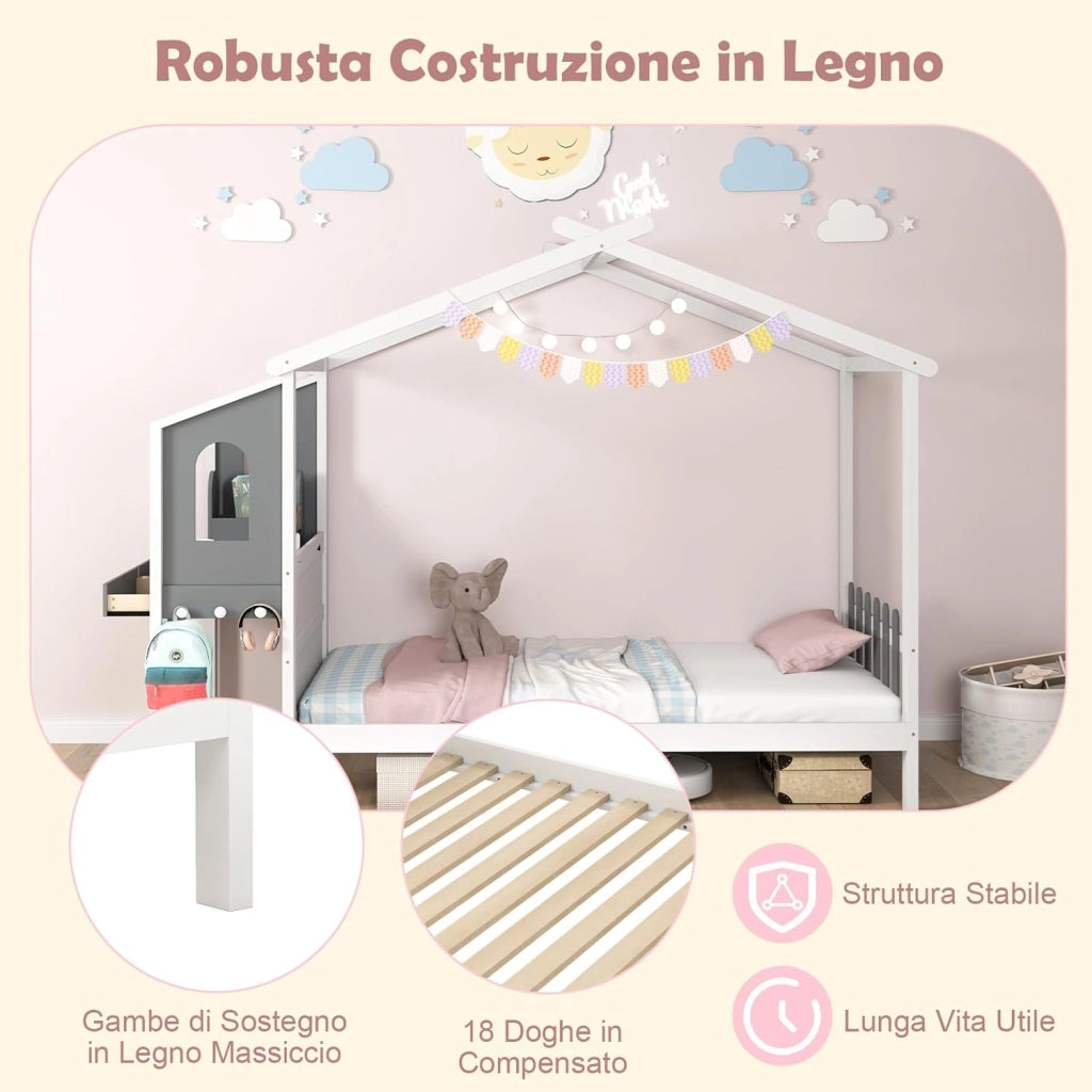 Letto Matrimoniale/Singolo con Scrivania, Letto Piattaforma in Legno con Testiera a Staccionata Ganci e Cassetti, 200x140/200x90 cm, Carico 320/150kg (200x90 cm)