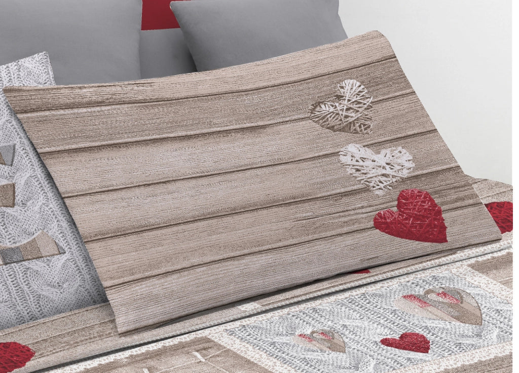 Completo Lenzuola Linea Pensieri Delicati 100% Cotone Disegno Shabby Love - Piazza E Mezza - Rosso