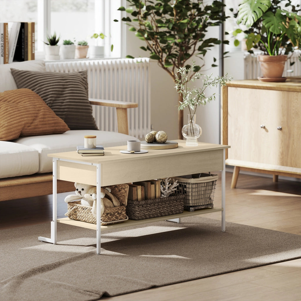 Tavolino da caff¨¨ con cerniera soft close e ripiano aperto ¨C zephmum ¨C 95x40x59 cm naturale e bianco