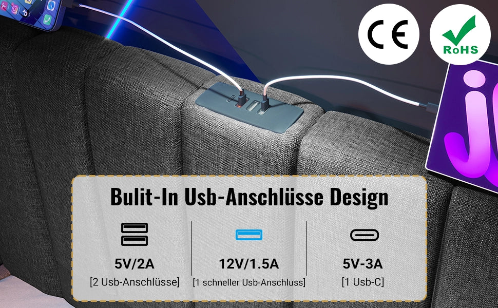 DESMIU Letto contenitore letto matrimoniale con USB, Type-C e LED regolabile 180 × 200 cm, senza materasso