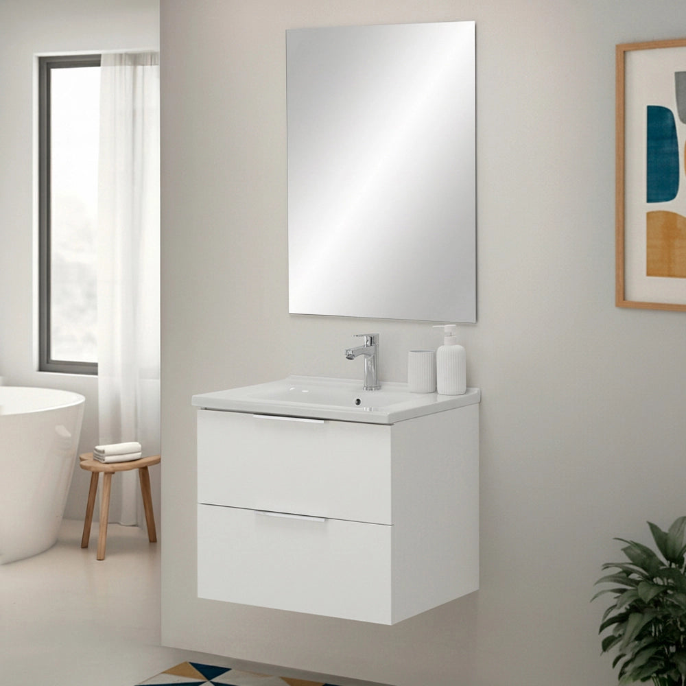 Mobile bagno sospeso 60cm bianco opaco con cassetti lavabo e specchio Elva