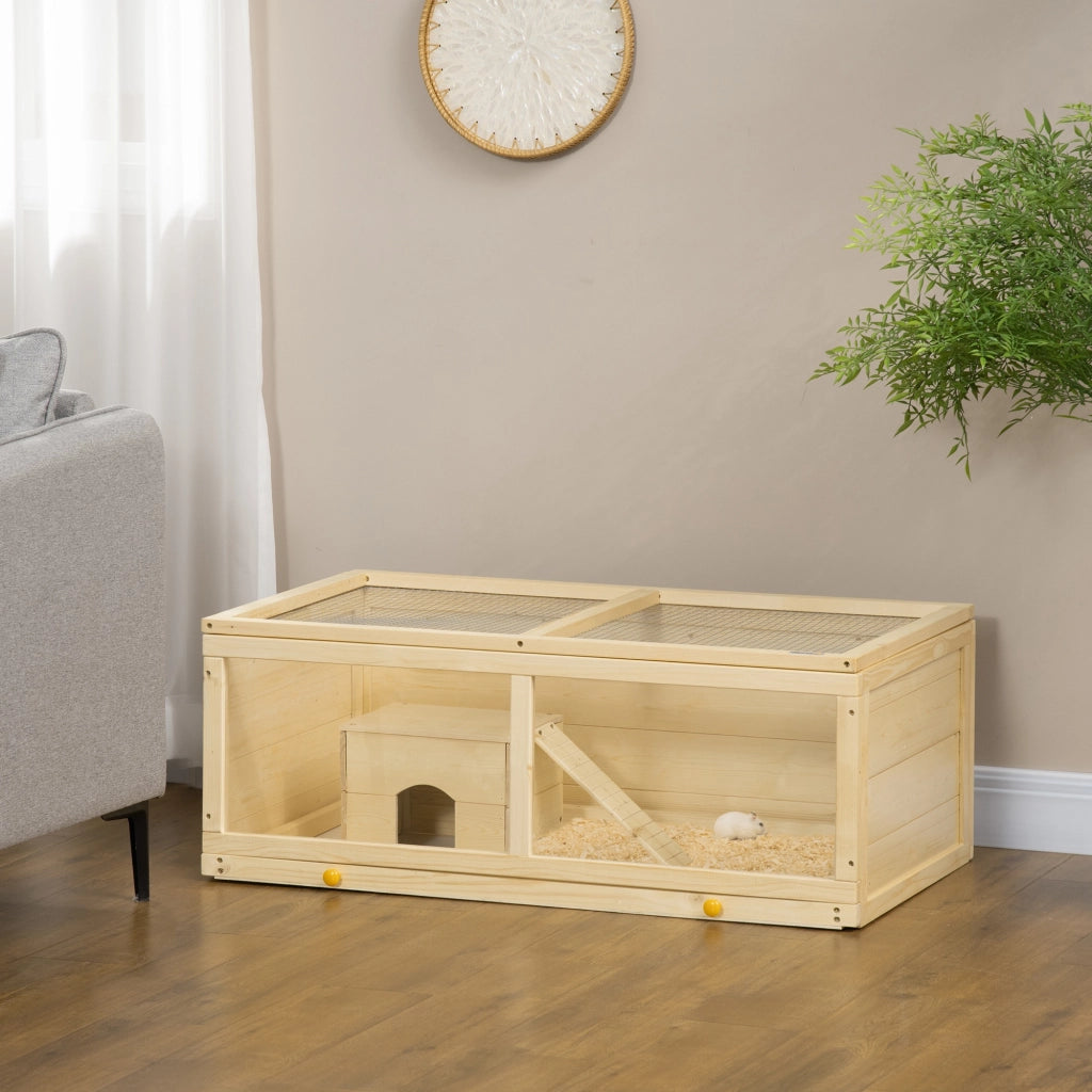 Casetta per Criceti in Legno con Tetto Apribile, Pannello in Acrilico e Cassetto Estraibile ¨C zephmum ¨C 100x58x38 cm Naturale