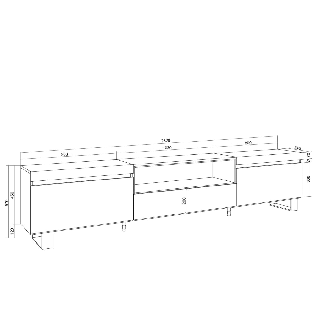 Mobile TV Soggiorno, 260x57x35 cm, TV di grande formato, Design industriale, Bianco e Rovere soft