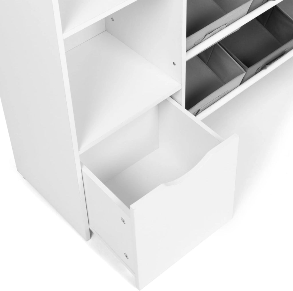 Contenitore per bambini MANA con 7 ripiani, 6 contenitori in tessuto e 2 cubi su rotelle, bianco