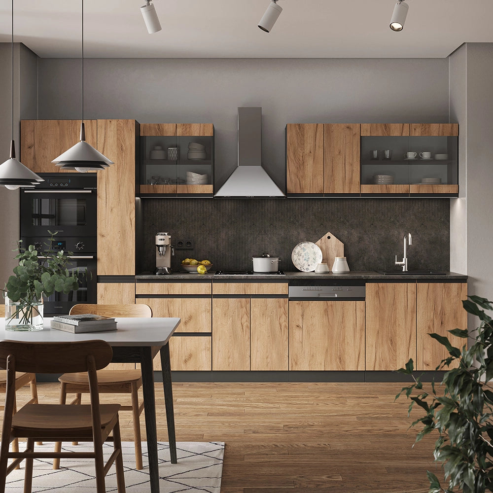 Vicco Cucina componibile Quercia dorata/antracite 350 cm Forma a J, con mobile alto, senza piano di lavoro