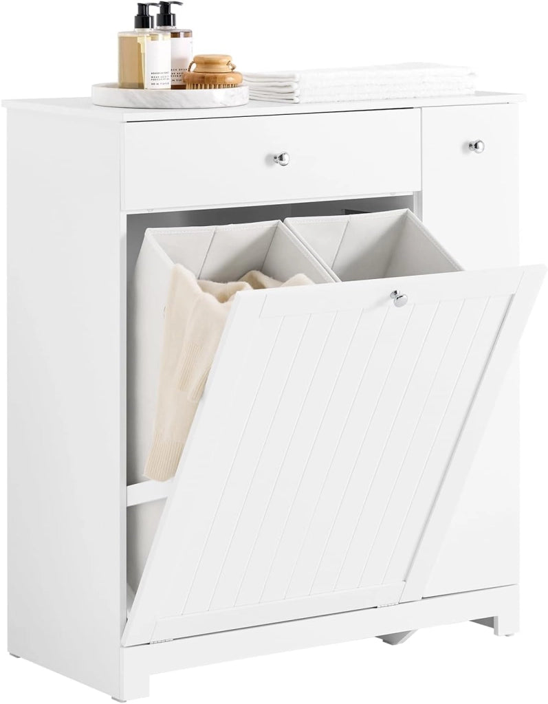 Mobile Bagno Salvaspazio Alto e Stretto Mobile Colonna con 1 Cassetto, 2 Cesti Portabiancheria e Ripiano Estraibile Armadietto da Bagno Multiuso 78x38x90cm BZR214-W