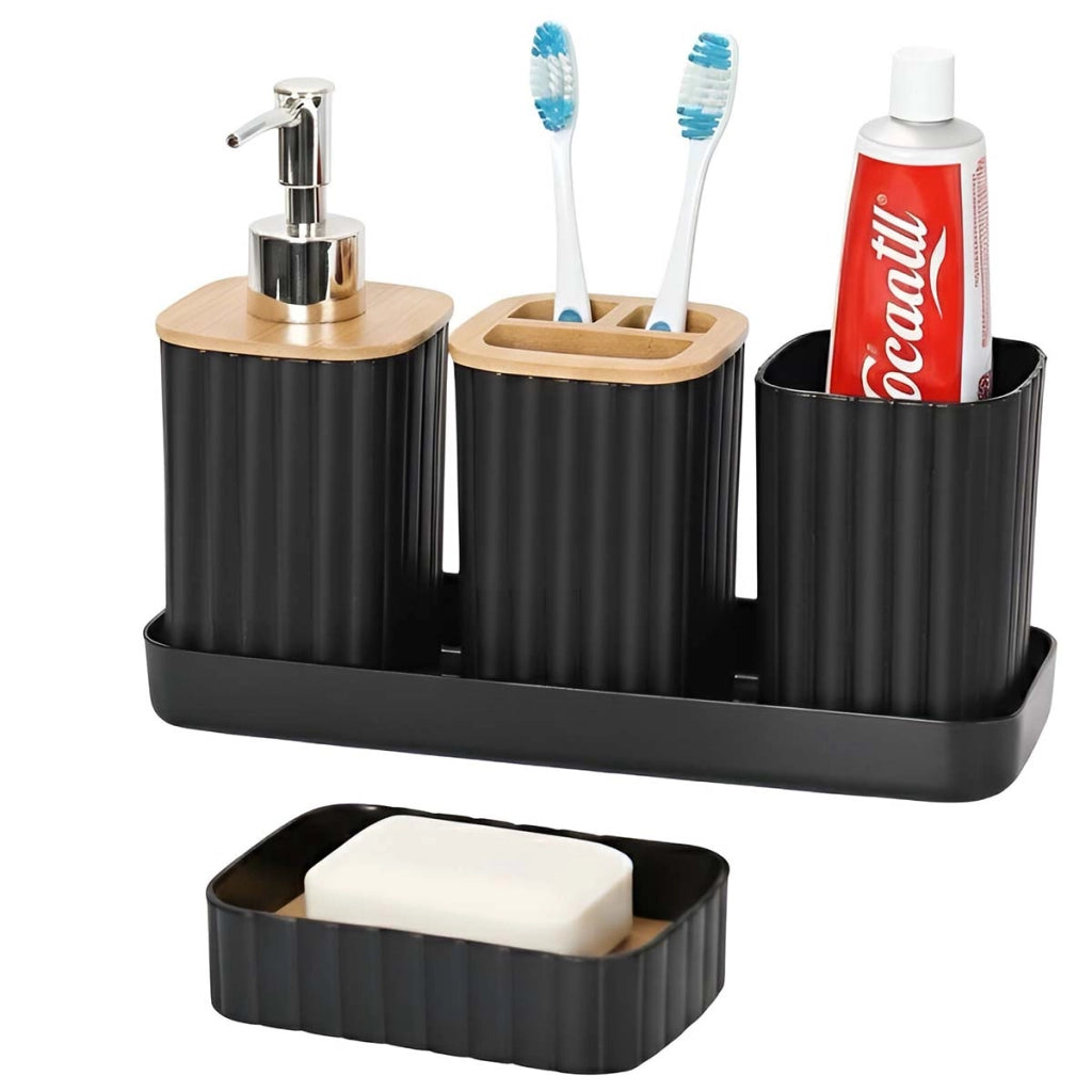 Set di accessori da bagno 5 pezzi Portaspazzolino e bicchiere Nero Avizar