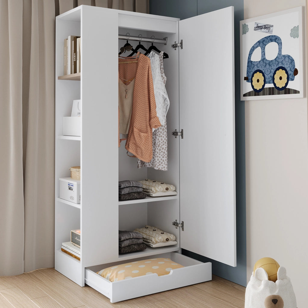 Armadio ULEVR 70x40x170 cm a un'anta con ripiani regolabili e cassetti, bianco