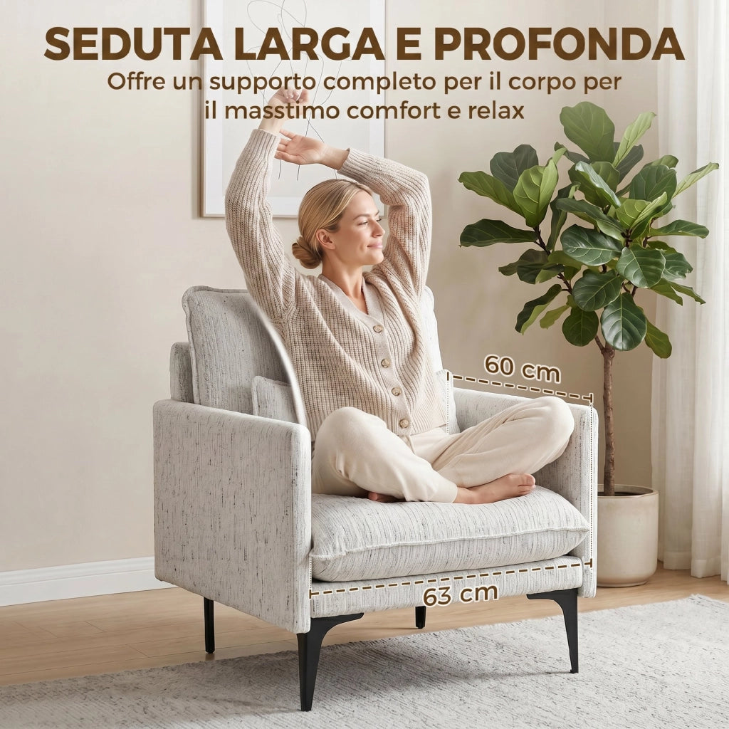 Poltrona da Salotto Imbottita in Tessuto Effetto Lino con Cuscino Lombare. Bianco