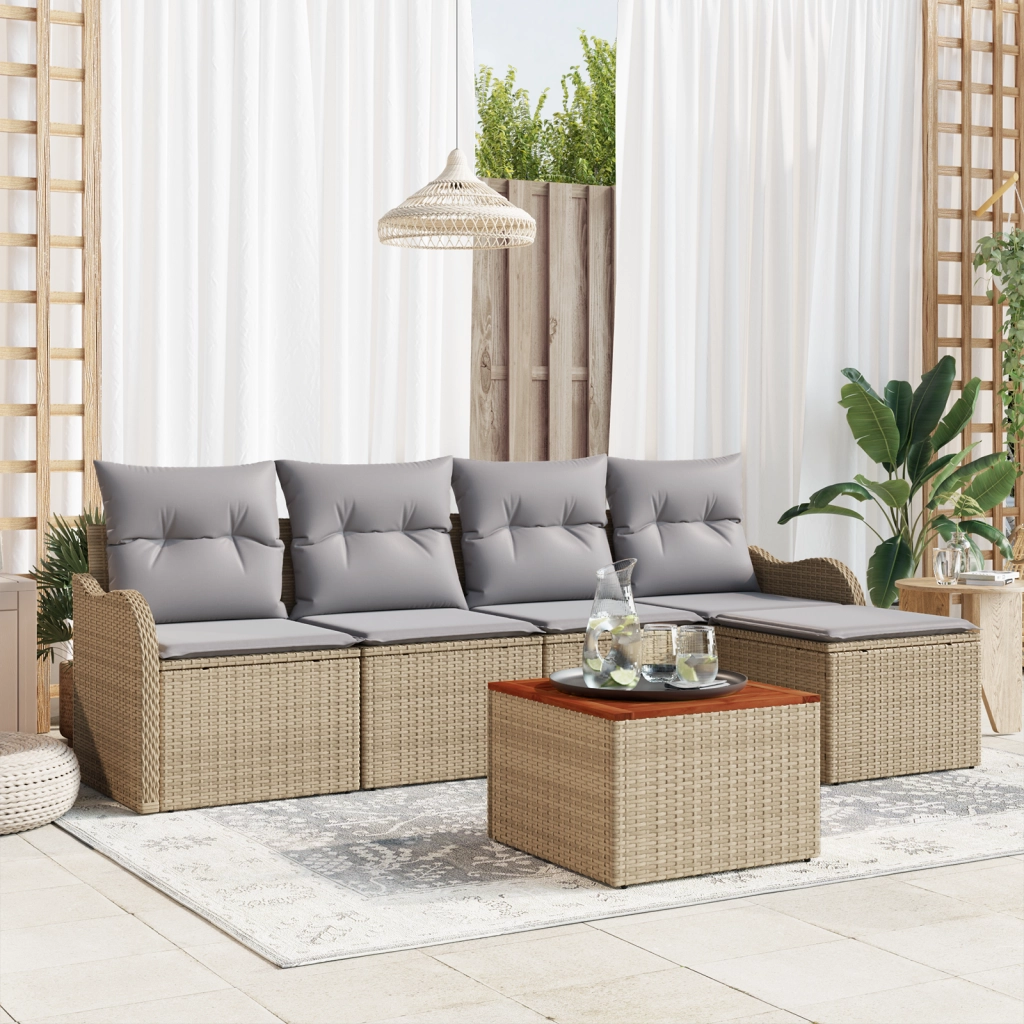 Set di divani da giardino  6 pezzi con cuscini beige in polyrattan acacia