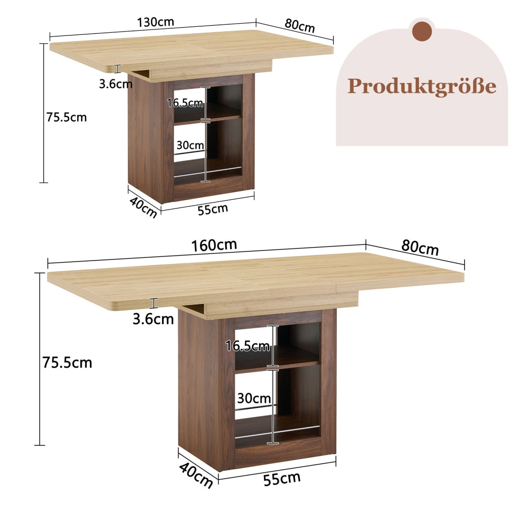 Tavolo allungabile 130x80x160x80 cm con 2 ripiani integrati; MDF naturale e noce