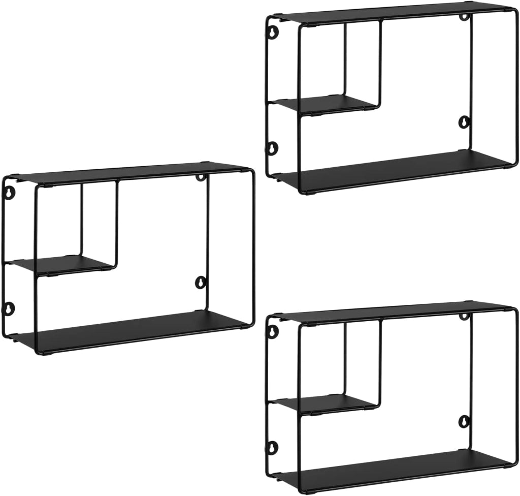 EUGAD Set di 3 Mensole a Muro in Metallo Nero, Scaffali da Parete a 3 Ripiani, Mensole Sospesa di Stile Industriale, per Camera da Letto, Soggiorno, Cucina, 38x11,5x25,5 cm, Nero