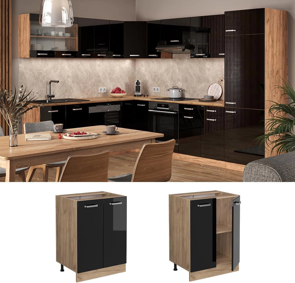 Mobiletto base cucina R-Line, Nero lucido, 60 cm senza piano di lavoro, per la libera combinazione all'interno di sistemi cucina modulari