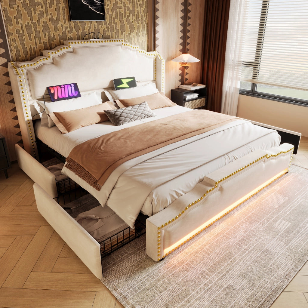 OKWISH Letto con Cassetti 140×200 cm, Letto Matrimoniale con 4 Cassetti, LED Regolabile e USB e Tipo C, senza Materasso, Velluto, Beige