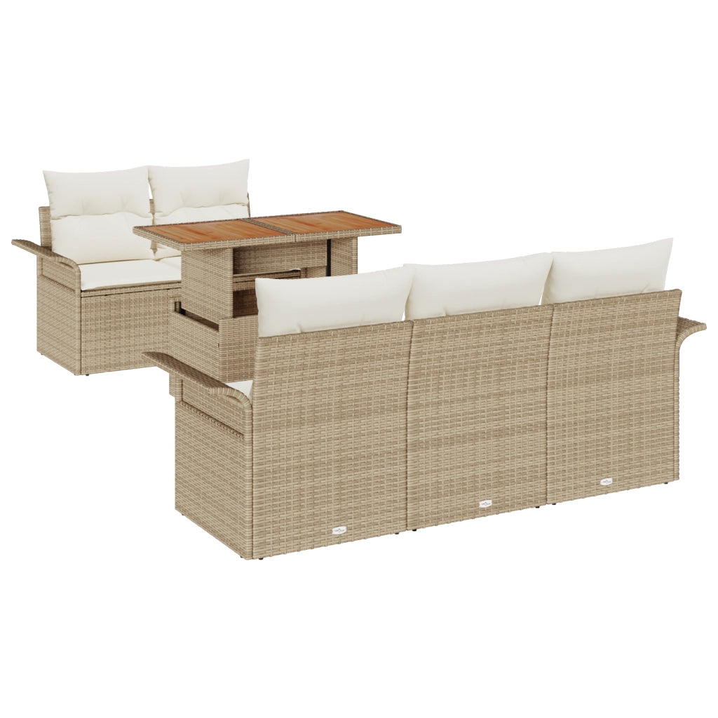 Set Divano da Giardino a 6 Pezzi con Cuscini Beige Polyrattan Acacia