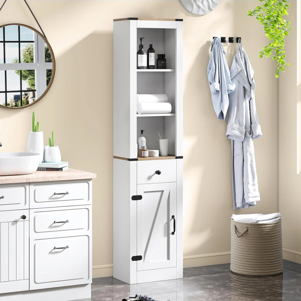 Armadio Bagno Salvaspazio, Mobile Bagno Alto Stretto con Scomparti Aperti, Cassetto e Ripiani Regolabili, Colonna Bagno per Lavanderia, Soggiorno e Cucina, 40 x 24 x 173 cm