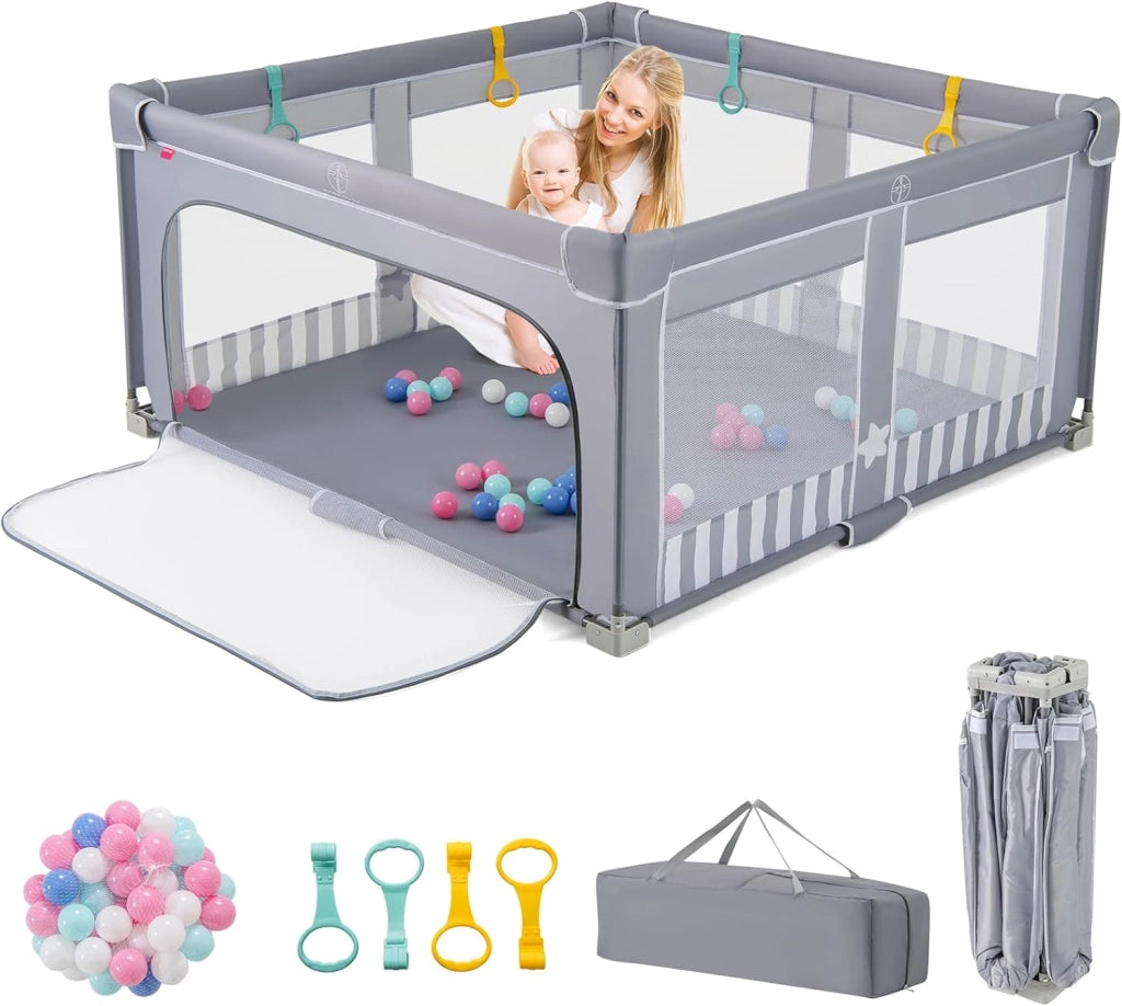 Box per Bambini 150 x 150 cm, Recinto per Neonati Pieghevole in Tessuto Oxford con Rete Traspirante, Centro Attività con 50 Palline, 4 Pezzi Anelli e Borsa (Blu, 150 x 150 cm)