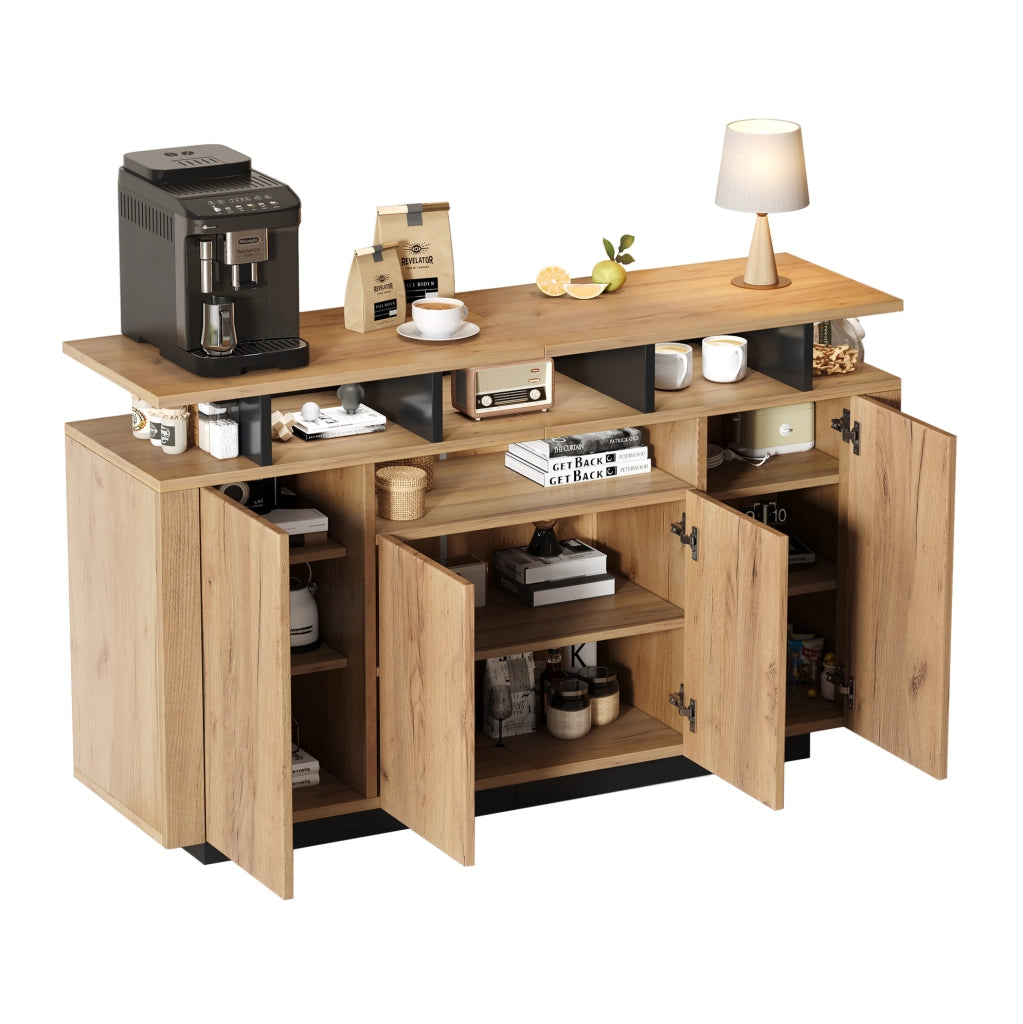 Credenza con 4 ante e 3 vani aperti, colore naturale