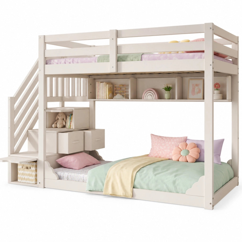 Letto a castello per bambini con scala contenitore e spazio salvaspazio