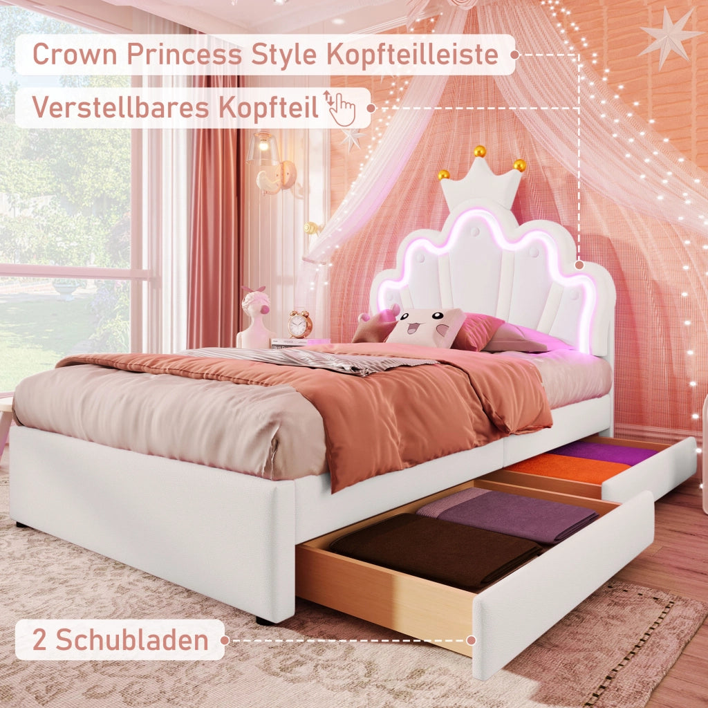 LETTO imbottito 90x200 cm PU bianco con testiera regolabile e 2 cassetti