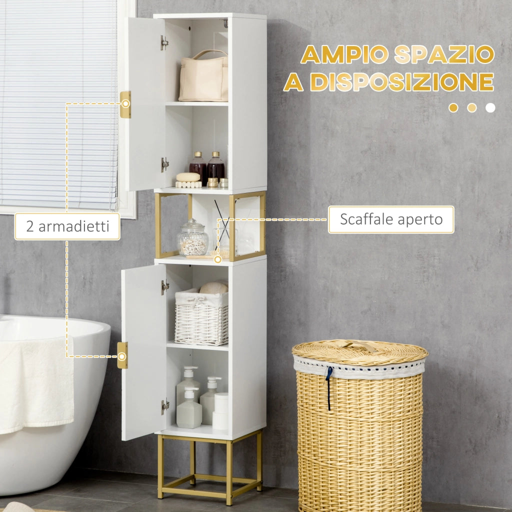 EasyComfort Colonna Bagno con 2 Armadietti e Ripiano in MDF e Acciaio, 30x30x170.7cm, Bianco e Oro