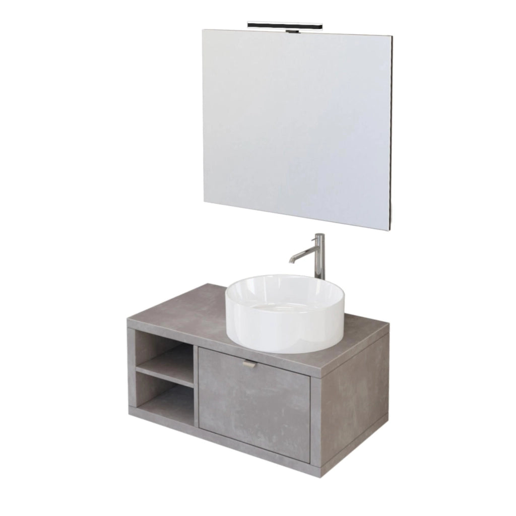 Mobile Bagno Sospeso 80 cm Lavabo e Specchio Bonussi Orione Grigio Effetto Cemento