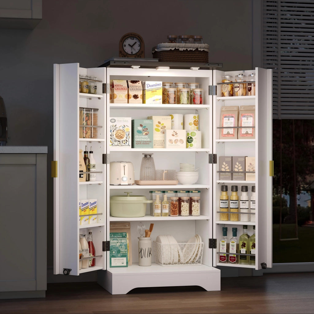 Mobile Dispensa 60;5x40x120 cm Bianco con LED Sensore; 2 Ante; Ripiani Regolabili e Portaspezie