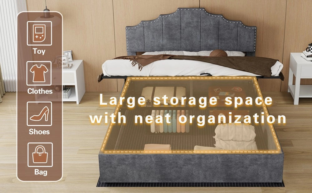 Letto Matrimoniale Contenitore Imbottito con Testiera, Apertura Idraulica, con Materasso ¨C MINIMAL ¨C Grigio 140x200
