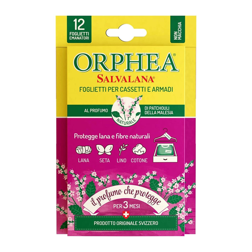 Salvalana, Foglietti per Cassetti e Armadi, Protegge Lana e Vestiti, 12 Foglietti, Patchouli della Malesia, Orphea