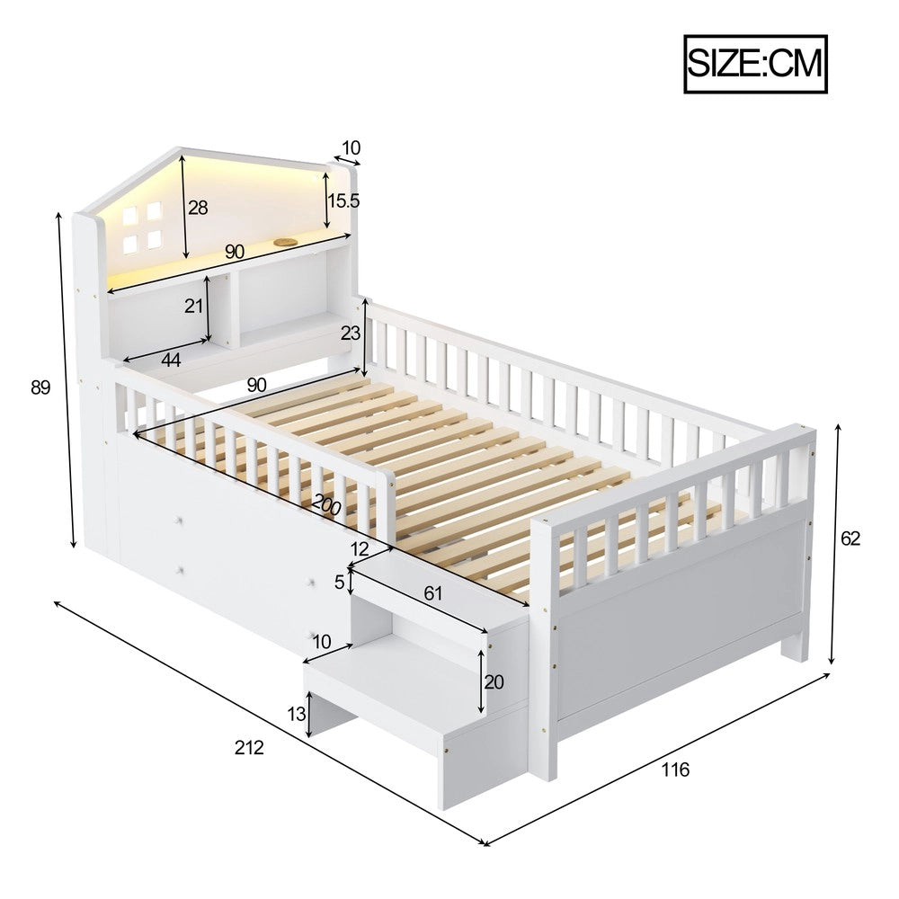 Letto Singolo per Bambini con LED, Cassetti e Rete a Doghe ¨C MINIMAL ¨C Bianco 90x200