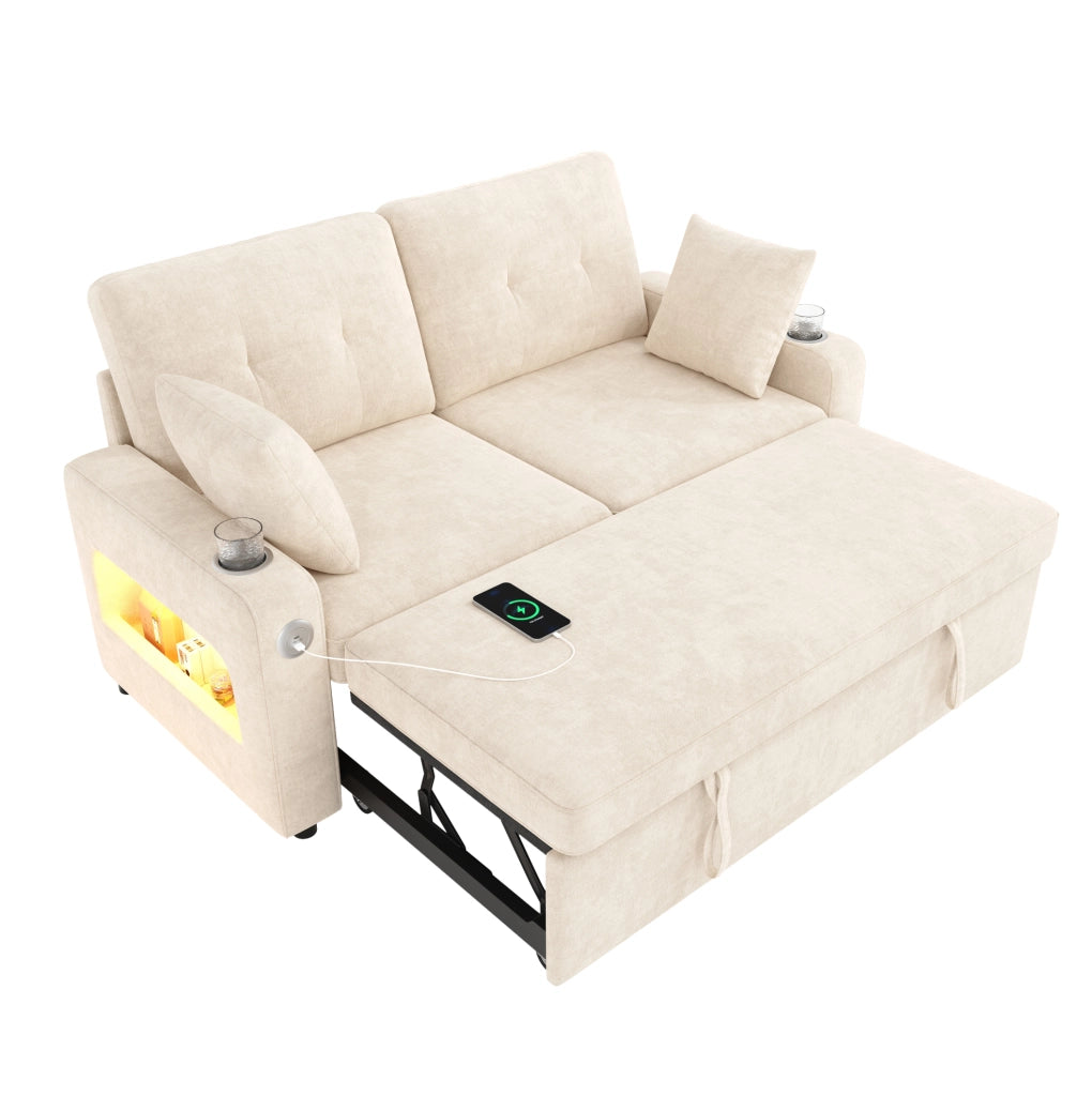 Divano letto 2 posti ULEVR con LED, porte USB e Type-C, vani nei braccioli e portabevande, beige