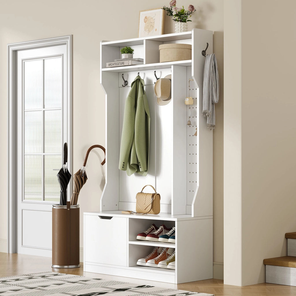 OKWISH Mobile da Ingresso con Panca, 6 Ganci, Vani Aperti e Scarpiera Ribaltabile, Bianco, 100 x 40 x 185.5 cm