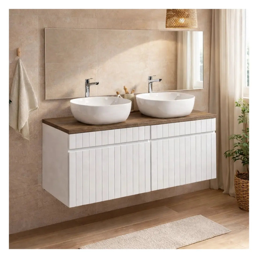 Insieme ICON bianco: mobili sotto lavabo 120cm + piano per lavabo effetto legno scuro