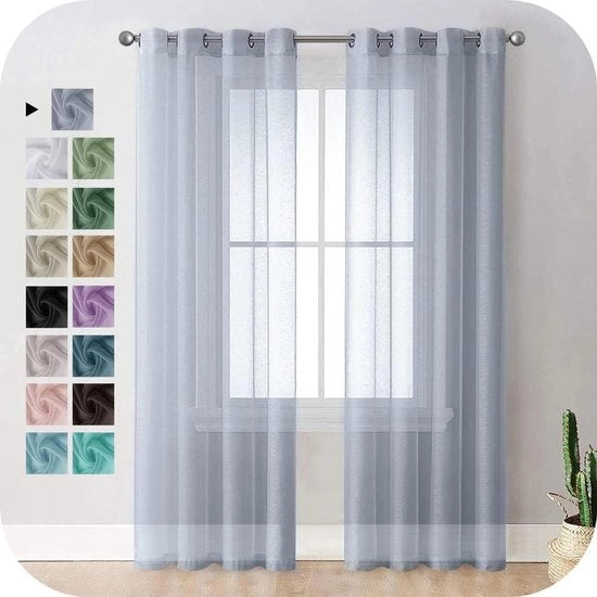 Voilegordijn Transparante - Set di 2 - Grigio - 140x245 cm - Stoffa di Lino con Anelli di Vela (Modello Corto)